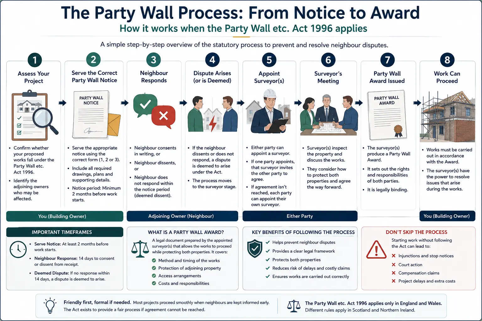 Do I Need a Party Wall Agreement? An infographic showing the party wall process from notice to award in a very interactive way for the citizens living in Reading, UK