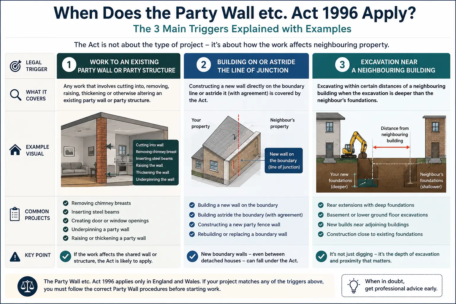 Do I Need a Party Wall Agreement? An infographic showing when does the party wall etc act 1996 apply like excavation, junction, painting, in Reading, UK